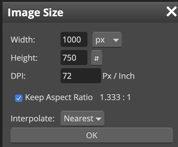 Thay đổi kích thước trong bảng điều chỉnh. Tích vào ô "Keep Aspect Ratio" để khi nhập thông số Width, Height sẽ tự động điều chỉnh tỉ lệ sao cho chính xác → nhấn Ok