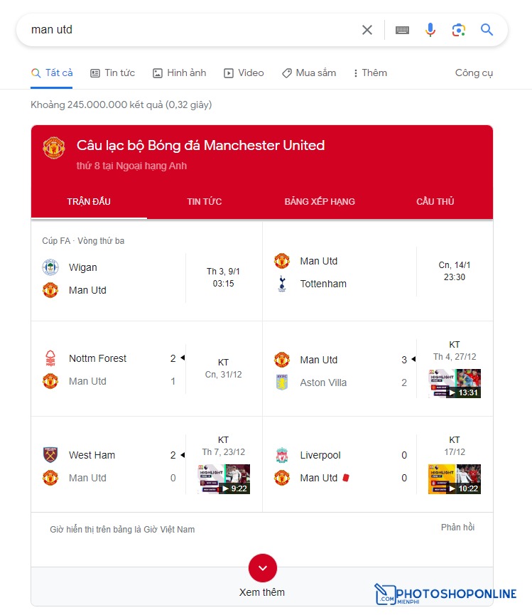 Xem kết quả, lịch thi đấu, xếp hạng bóng đá trực tiếp trên Google