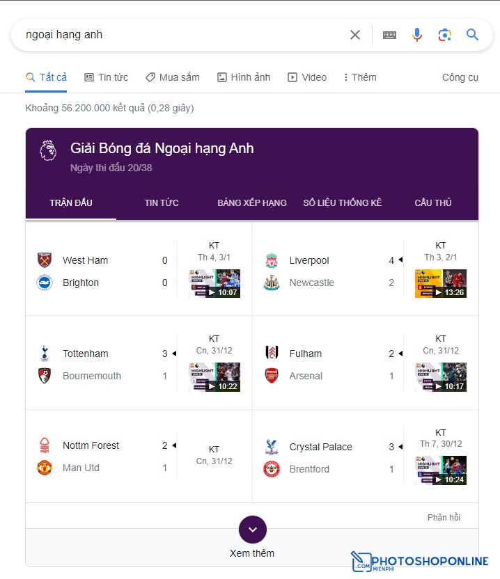 Xem kết quả, lịch thi đấu, xếp hạng bóng đá trực tiếp trên Google